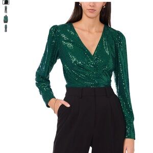 Vince Camuto Emerald Sequin Wrap Blouse